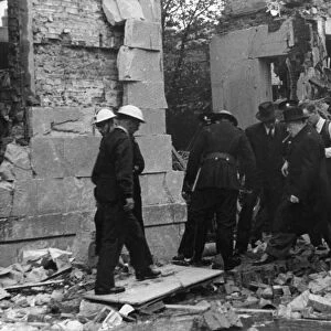 Winston Churchill at bomb site, Tufton Street, WW2