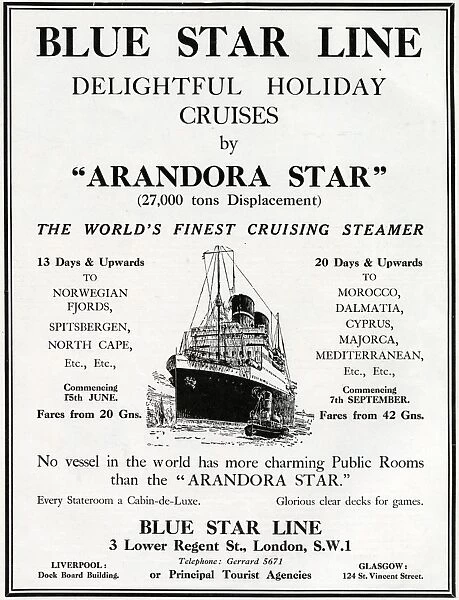 Advertisement for the Arandora Star cruise ship