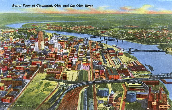 Aerial view, Cincinnati and Ohio River, Ohio, USA