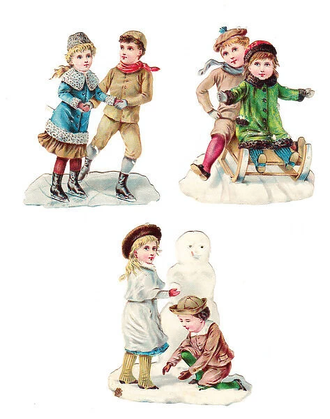 Boys and girls on three Victorian Christmas scraps
