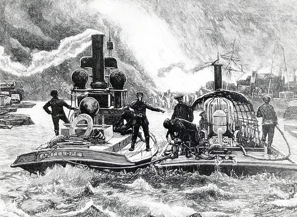Drawing of MFB fire float and tug on the River Thames