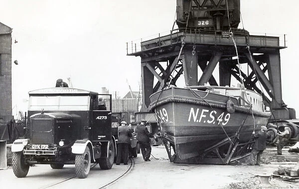 Fireboat in a cradle waiting to be launched, WW2