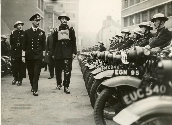 King George VI inspecting dispatch riders of the LFB, WW2