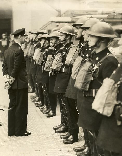 King George VI inspecting firefighters on parade, WW2