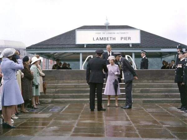 Queen Elizabeth II and Prince Philip outside Lambeth Pier