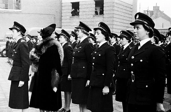 Queen Elizabeth inspects firewomen on parade, WW2