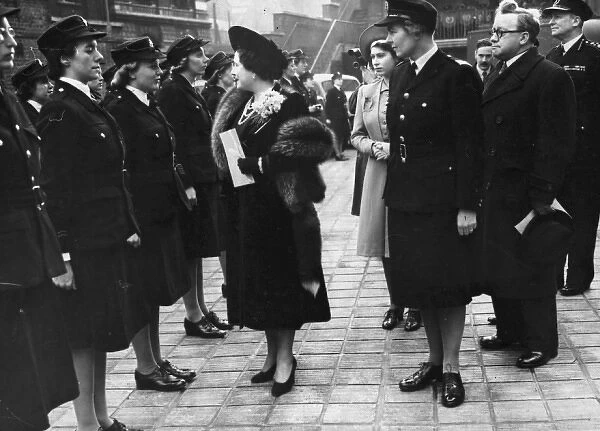 Queen Elizabeth reviews firewomen at Lambeth, WW2