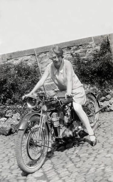 Woman on 1921 Sunbeam motorcycle