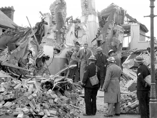 Wreckage of German bomber on house in Bromley, WW2