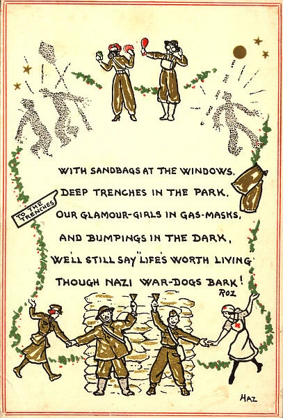 WW2 Christmas card, air raid shelter scene