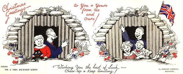 WW2 Christmas card, two air raid shelters