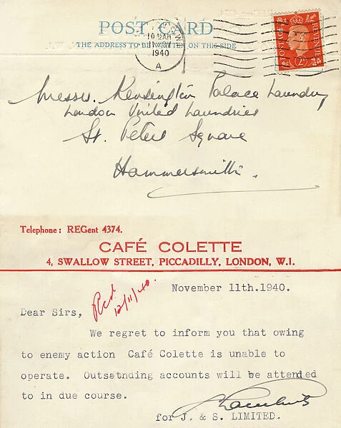 WW2 Memorabilia - Damaged Cafe informing suppliers