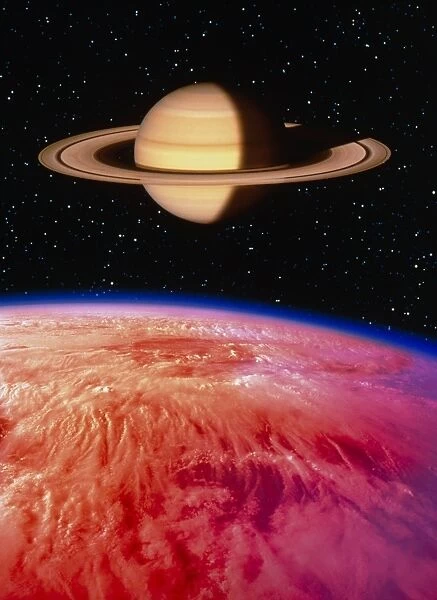 Artwork of Saturn seen from its moon Titan