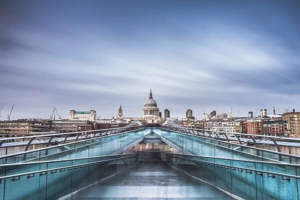 St. Pauls Cathedral, seen across Millennium Bridge, City of London, London, England