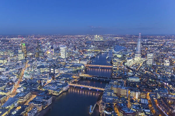 Aerial view of The Shard, River Thames and City of London, London, England