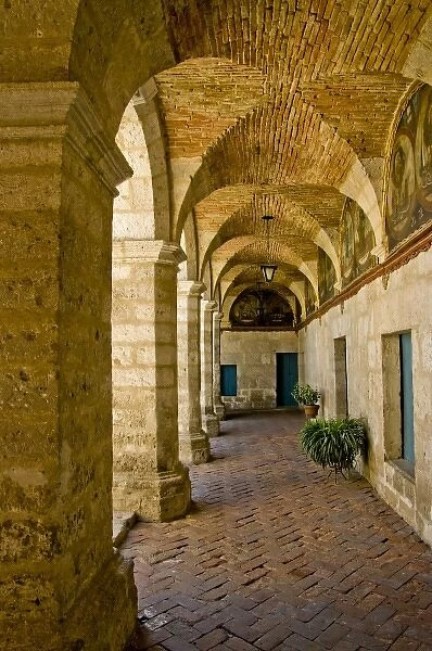 Graceful archways of Monestario Santa Catalina in the White City of Arequipa, Peru