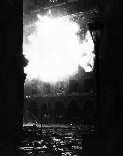 Blitz in London -- building on fire in Southwark Street, WW2