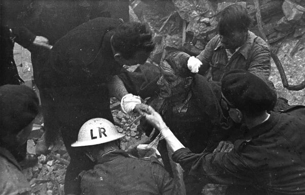 Blitz in London -- First Aid for a casualty, WW2