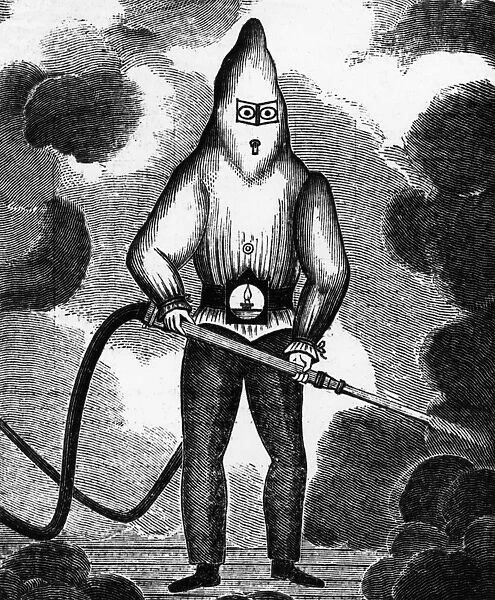 Engraving of firefighter in protective clothing
