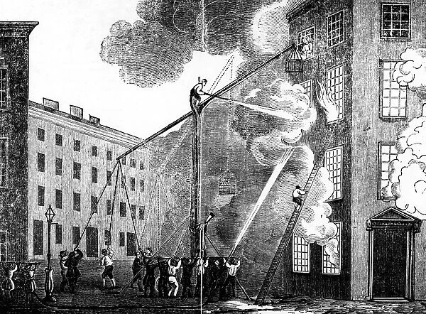 Engraving of firefighters in action at a burning building
