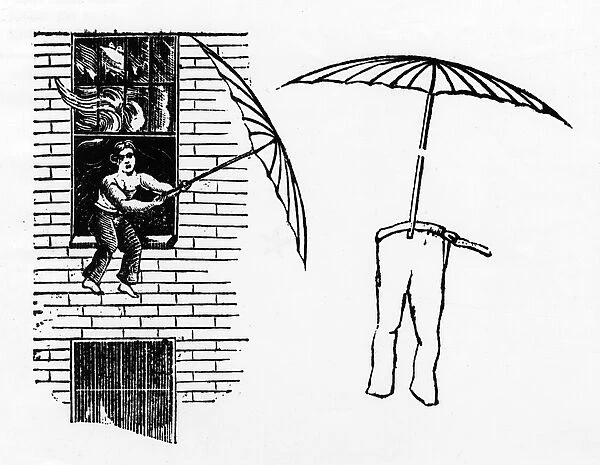 Engraving of man escaping fire via parachute
