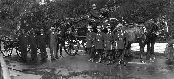 Horse-drawn fire engine with crew, Southgate, North London