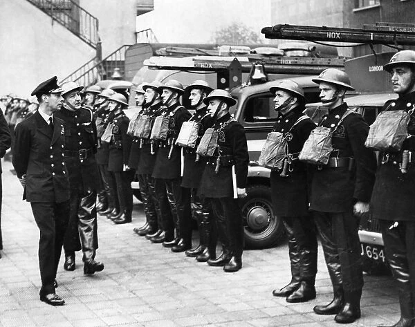 King George VI inspecting firefighters on parade, WW2