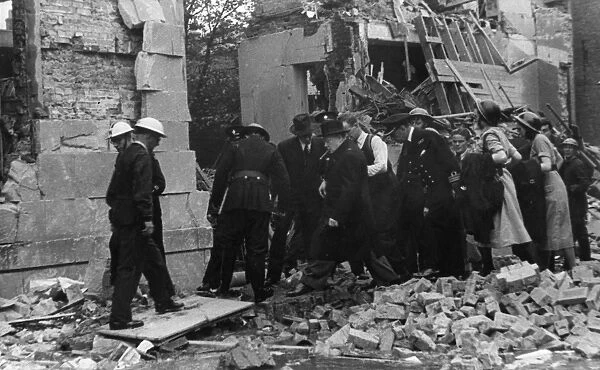 Winston Churchill at bomb site, Tufton Street, WW2