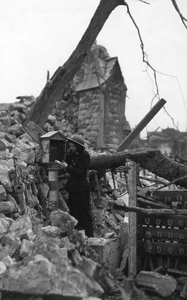 Working fire alarm outside ruined church, WW2