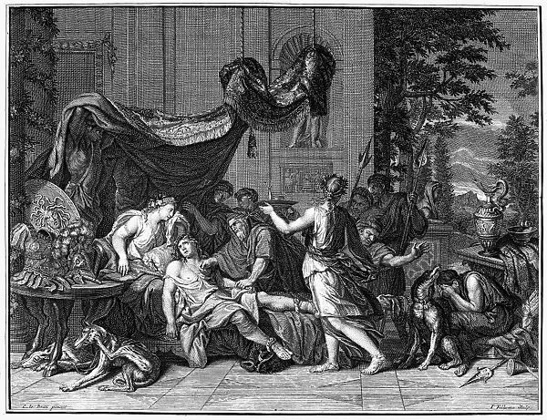 ATALANTA AND MELEAGER. The death of Meleager. Copper engraving, Dutch, 18th century, after a painting by Charles Le Brun (1619-1690)