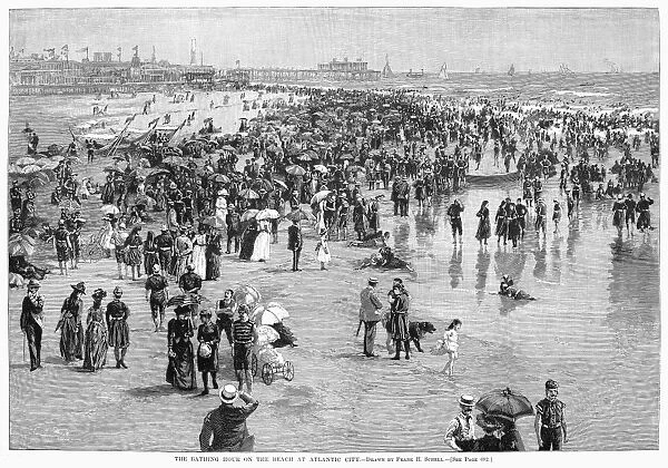 ATLANTIC CITY BEACH, 1890. The Bathing Hour on the Beach at Atlantic City. Wood engraving, American, after Frank H. Schell, 1890