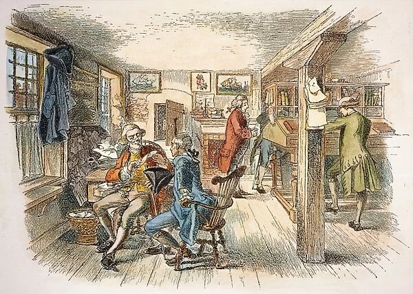 COLONIAL BANK. A counting room in colonial America. Pen-and-ink drawing, c1879