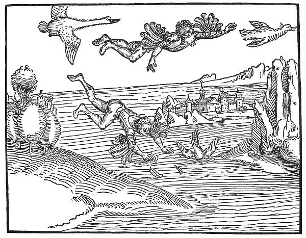 DURER: DAEDALUS & ICARUS. Daedalus and Icarus. Woodcut, 1493, by Albrecht Durer