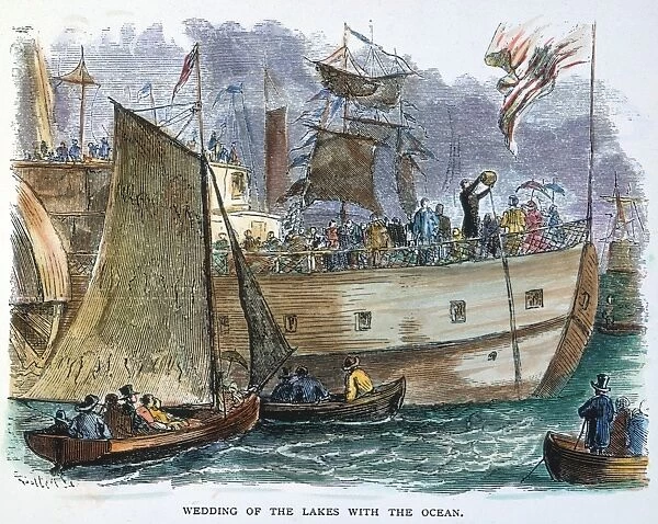 ERIE CANAL OPENING, 1825. New York Governor DeWitt Clinton pouring water from Lake Erie into the Atlantic Ocean at the Grand Canal Celebration in New York Harbor, 4 November 1825. Wood engraving, American, 19th century