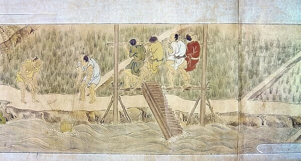 Farmers use a foot-pedal mechanism to irrigate rice paddies. Japanese scroll painting, late-16th century