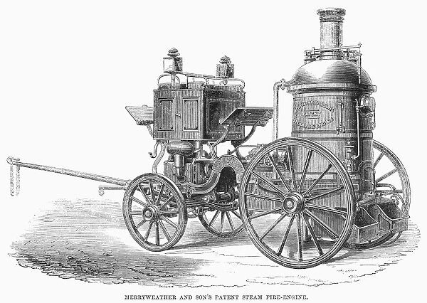 FIRE ENGINE, 1862. Merryweather and Sons Patent Steam Fire-Engine, shown at the International Exbition of 1862 in London. Wood engraving from a contemporary English newspaper