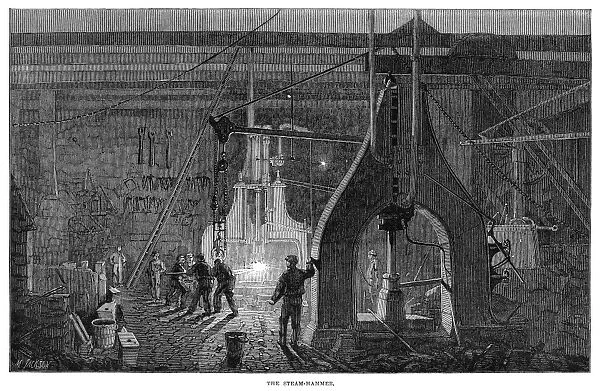 LOCOMOTIVE FACTORY, 1864. Steam hammer at the locomotive factory at Newcastle-On-Tyne, England