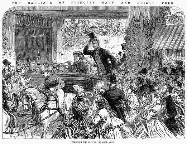ROYAL WEDDING, 1866. Onlookers throw their slippers for good luck after the marriage of Princess Mary of Cambridge and Prince Francis of Teck, Germany, in London, England, 1866. Wood engraving from a contemporary English newspaper