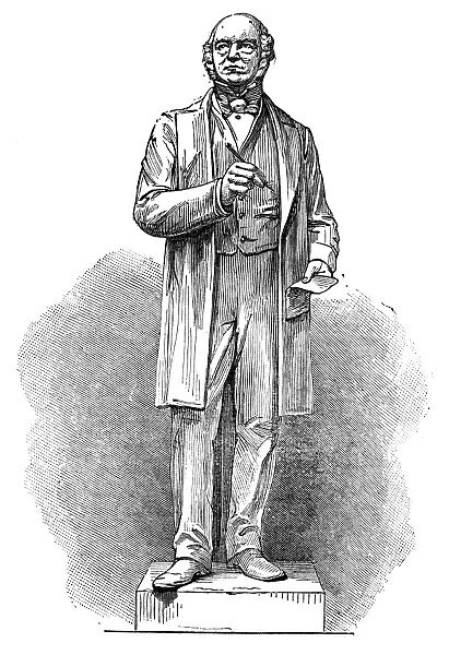 SIR ROWLAND HILL (1795-1879). English postal authority. Line engraving, 1882. Statue of the late Sir Rowland Hill at the Royal Exchange, London, England