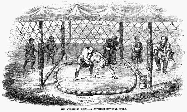 SUMO WRESTLING, 1853. The Wresting Tent. - A Japanese National Sport. Japanese Sumo wrestlers. Wood engraving, 1853, from an English newspaper