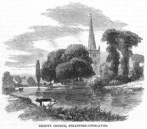 TRINITY CHURCH. In Stratford-on-Avon, the church William Shakespeare attended in: wood engraving, 19th century