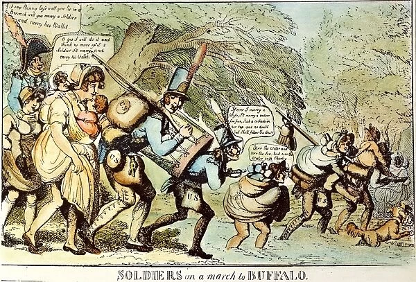 WAR OF 1812: CARTOON, 1813. Soldiers on a march to Buffalo: cartoon, 1813, by William
