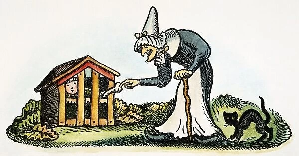 The witch trying to fatten Hansel in his cage. Drawing by Wanda Gag for the fairy tale by Brothers Grimm