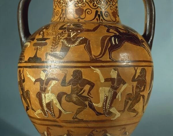 Detail of black-figure amphora depicting the Silenoi and the Maenads dancing, painted by Sileno Painter, circa 540 B. C. baked clay
