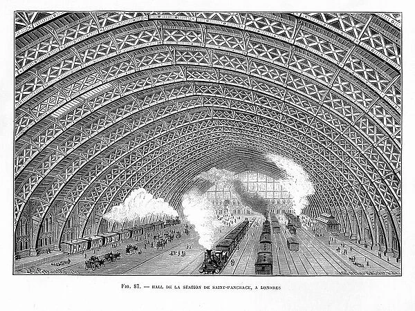Interior of St Pancras Railway Station, London 1865. Using an iron latticed arched