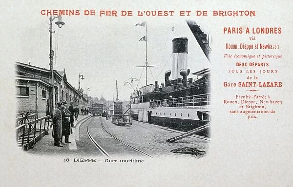 Paris-London boat train station at Dieppe, France. Steamer which carried train across