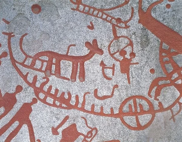 Sweden, Bohuslan region, Brastad, Backa archaeological site, Rock carvings dating back to Bronze Age, Details with ships, sledge animals, human prints