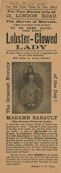 Advert for an appearance of Madame Babault, the lobster-clawed lady (engraving)
