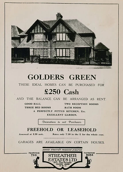 Advert for the purhcase of a house in Golders Green (engraving)