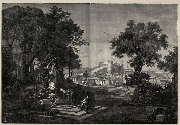 Ancient Greece: view of the gardens of Venus a Athenes. Engraving after a painting by